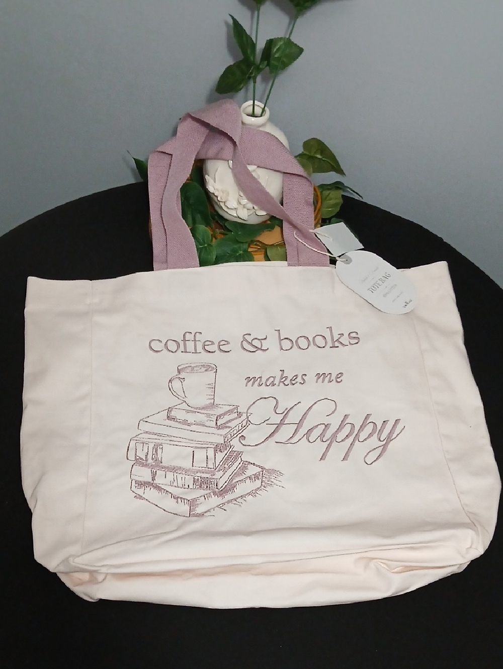 New! Coffee & Books Canvas Tote Bag in Light Pink NWT